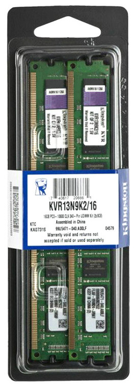 Part No: KVR13N9K2/16 - Kingston 16GB (2x8GB) 1333Mhz PC3-10600 Cl9 1.50v Non-ECC Unbuffered DDR3 SDRAM 240-Pin Dimm Memory