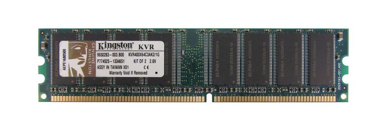 Part No: KVR400X64C3AK2/1G - Kingston 1GB Kit (2 X 512MB) PC3200 DDR-400MHz non-ECC Unbuffered CL3 184-Pin DIMM Memory (Kit of 2)
