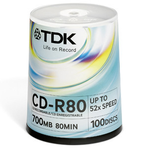 Part No: 48760 - TDK 52x CD-R Media - 700MB - 120mm Standard - 100 Pack Spindle