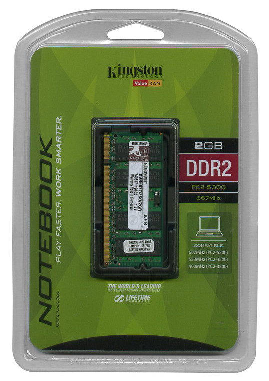 Part No: KVR667D2SO/2GR - Kingston 2GB PC2-5300 DDR2-667MHz non-ECC Unbuffered CL5 200-Pin SoDimm Memory Module