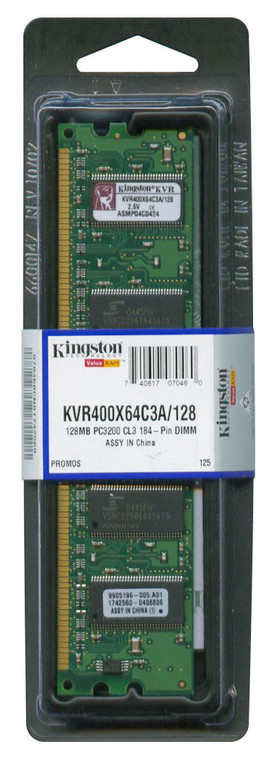 Part No: KVR400X64C3A/128 - Kingston 128MB PC3200 DDR-400MHz non-ECC Unbuffered CL3 (3-3-3) 184-Pin DIMM Memory Module