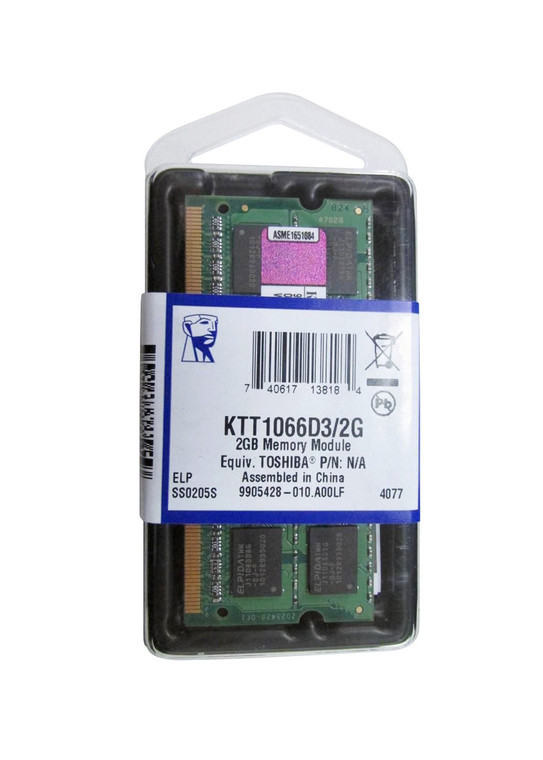Part No: KTT1066D3/2G - Kingston 2GB PC3-8500 DDR3-1066MHz non-ECC Unbuffered CL7 204-Pin SoDimm Memory Module for Toshiba