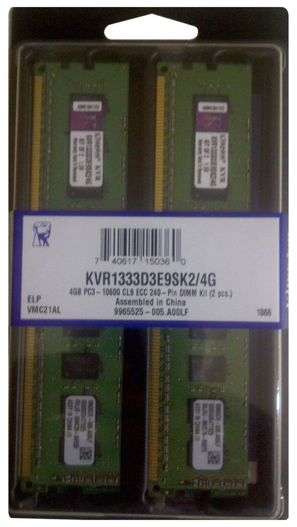 Part No: KVR1333D3E9SK2/4G - Kingston 4GB Kit (2 X 2GB) PC3-10600 DDR3-1333MHz ECC Unbuffered CL9 240-Pin DIMM Memory (Kit of 2) with Thermal Sensor
