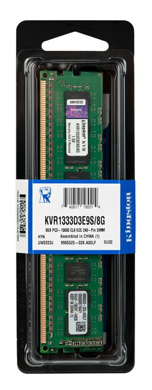 Part No: KVR1333D3E9S/8G - Kingston 8GB (1x8GB) 1333Mhz PC3-10600 Cl9 ECC Unbuffered DDR3 SDRAM 240-Pin Dimm Memory
