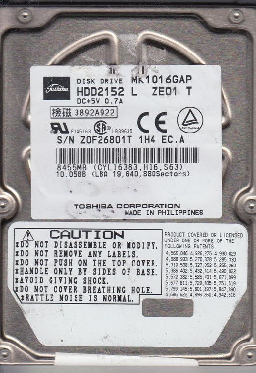 Part No: HDD2152 - Toshiba MK1016GAP 10 GB 2.5 Internal Hard Drive - IDE Ultra ATA/66 (ATA-5) - 4200 rpm - 1 MB Buffer
