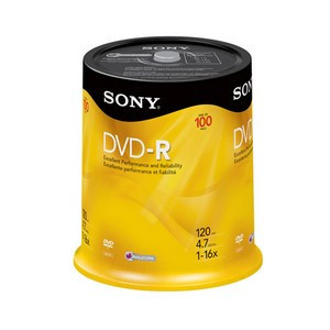 Part No: 100DMR47RS4 - Sony 16x dvd-R Media - 4.7GB - 120mm Standard - 100 Pack Spindle