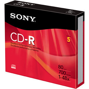 Part No: 5CDQ80RH - Sony 5CDQ80RH CD Recordable Media - CD-R - 48x - 700 MB - 5 Pack Slim Jewel Case - 120mm1.33 Hour Maximum Recording Time