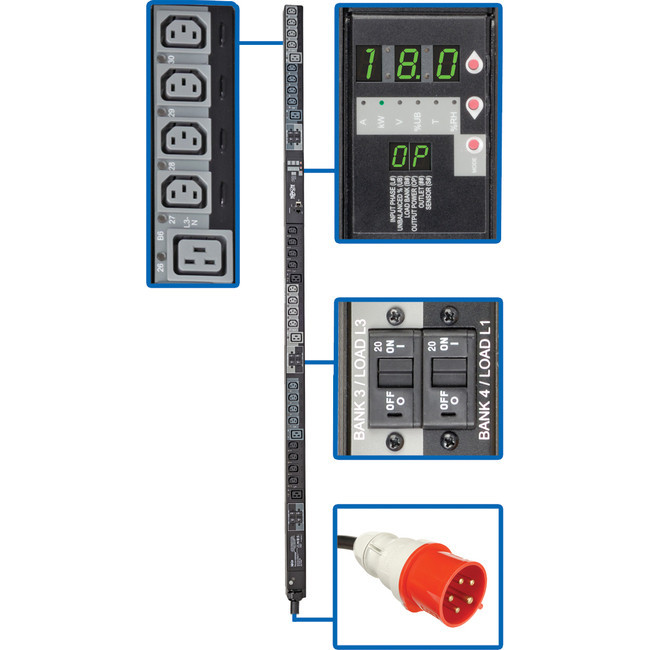 Tripp Lite PDU 3-Phase Switched 240V 17.3kW 24 C13; 6 C19 IEC309 30A Red 0URM - PDU3XVSR6G30B