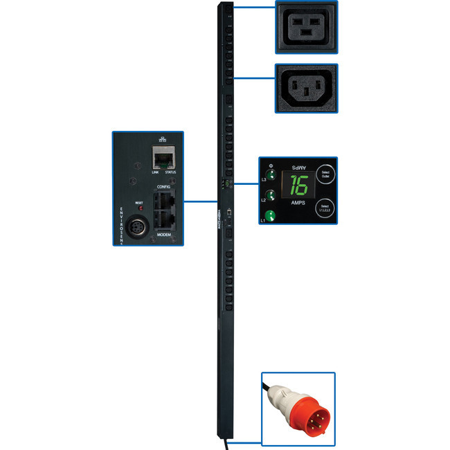 Tripp Lite PDU 3-Phase Switched 220/230V 21 C13; 3 C19 IEC-309 16A Red 10' Cord 0U - PDU3XVSR10G16
