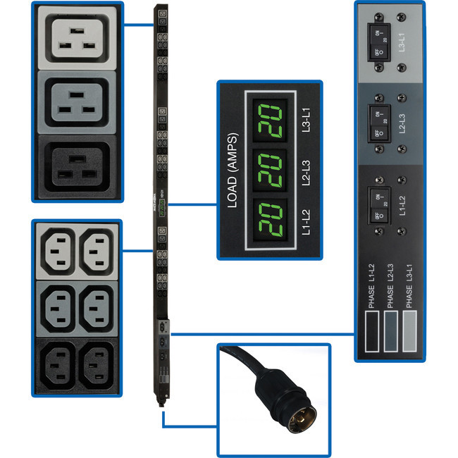 Tripp Lite PDU 3-Phase Metered 208V 12.6 kW Hubbell 36 C13; 9 C19 0URM - PDU3MV6H50