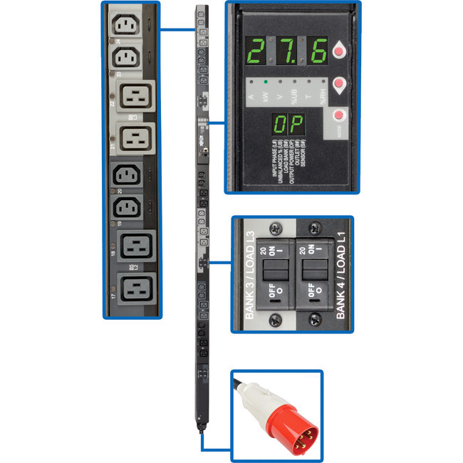 Tripp Lite PDU 3-Phase Switched 220V/230V 27.6kW C13 C19 IEC309 63A Red 0U - PDU3XVSR6G63A