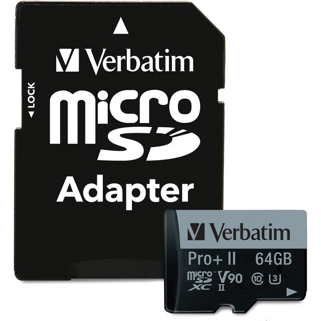 Verbatim 64GB Pro II Plus 1900X microSDXC Memory Card with Adapter, UHS-II V90 U3 Class 10 - 99168