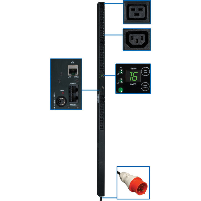 Tripp Lite PDU 3-Phase Monitored 220/230V 30 C13; 6 C19 IEC-309 16A Red 3' Cord 0U - PDU3XVN3G16