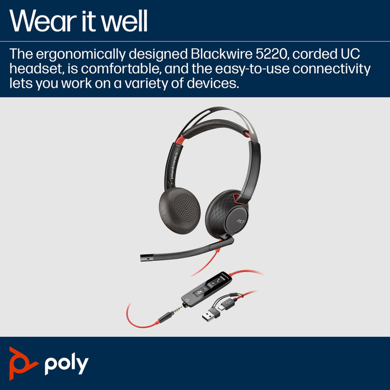 HP Poly Blackwire 5220 Stereo USB-C Headset +3.5mm Plug +USB-C/A Adapter - 8X231AA