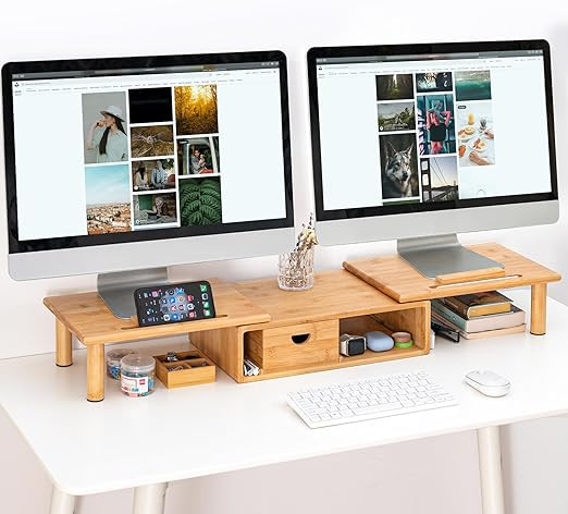 ROCDEER Dual Monitor Stand Riser with Drawer for Desk Laptop Desk Shelf with Adjustable Length and Angle, Bamboo Computer Stand Riser for 2 or 3 Monitors Screen Laptop PC TV -Natural