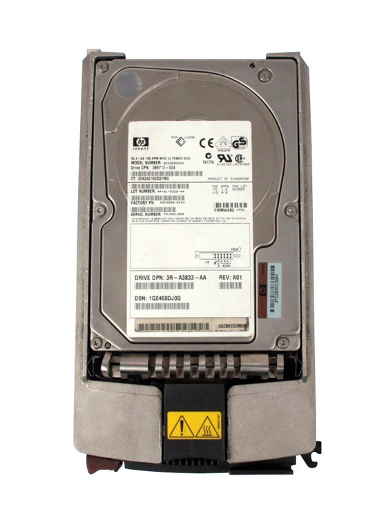 Part No: 3R-A3833-AA - HP 36.4GB 10000RPM Ultra-320 SCSI Hot-Pluggable LVD 80-Pin 3.5-inch Hard Drive
