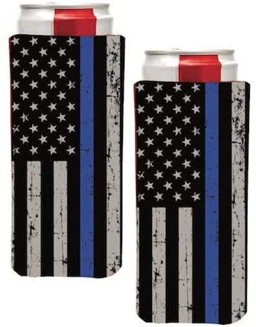 Thin Blue Line  USA AMERICAN FLAG Slim Can Cooler Sleeve - Beer Blank Skinny 12 oz Neoprene Coolie - Perfect For 12oz Red Bull, Michelob Ultra,Truly