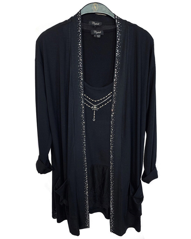 Crystal Scattered Trim Black Light Weight Cardigan - P