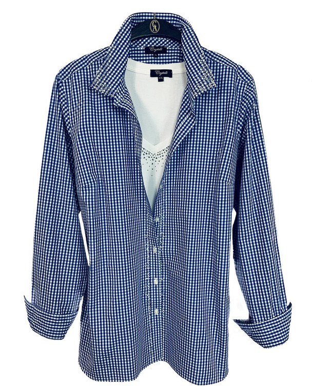 Blue and White Crystal Scattered Trim Check Button Up Shirt-P