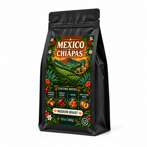 The Chosen Bean Mexico Chiapas medium-roast coffee in a black 12-ounce bag.