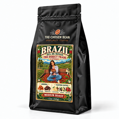 The Chosen Bean’s Brazil Sul de Minas Catiguá Direct Trade coffee in a matte-black 12 oz (340 g) bag with a resealable top and freshness valve. The colorful label celebrates its Brazilian farm origins, featuring a woman holding freshly harvested coffee cherries against a backdrop of green coffee fields. This medium roast offers caramel and chocolate aromas with tasting notes of cocoa butter, vanilla, and red fruits.