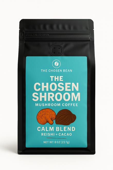 CALM BLEND - Reishi  + Cacao Medium-Dark Roast Coffee Blend PERFORMANCE BLEND - Cordyceps  + Rhodiola  Medium Roast African Coffee Blend  Available in Regular or Decaf