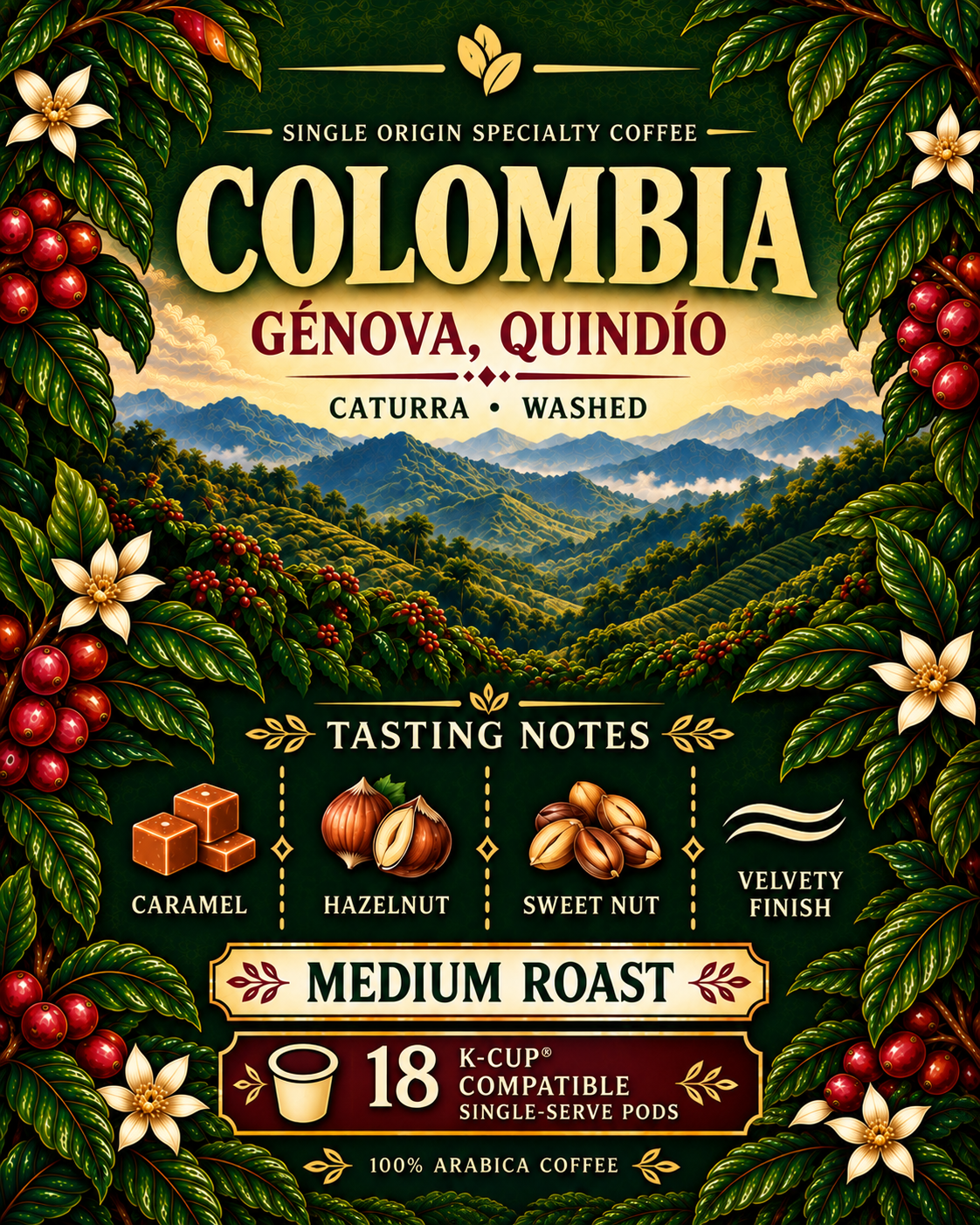The Chosen Bean Colombia Genova Quindio Caturra K-Cup compatible single-serve specialty coffee