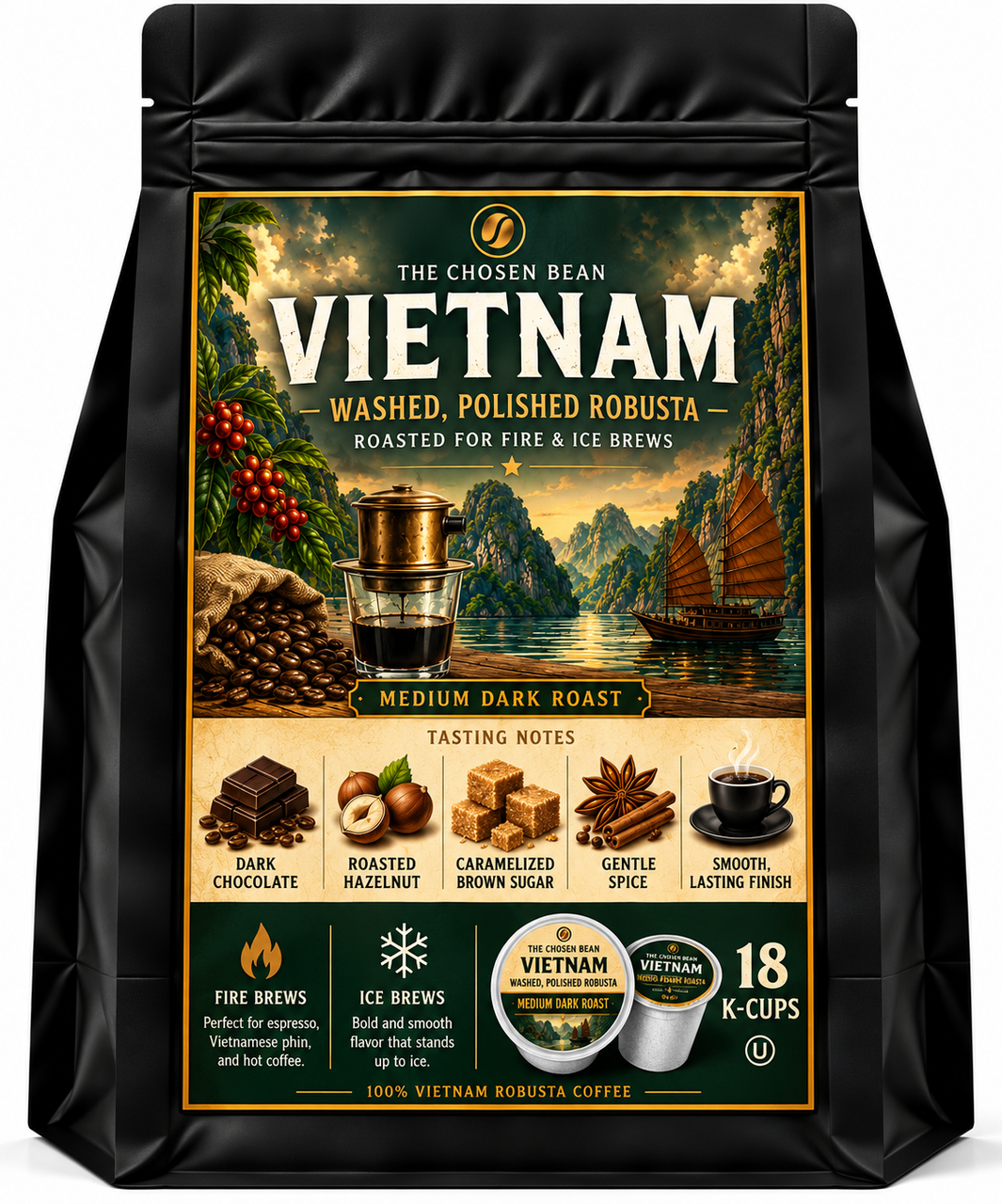 Vietnam Premium Washed Polished Robusta K-Cup compatible coffee bag
