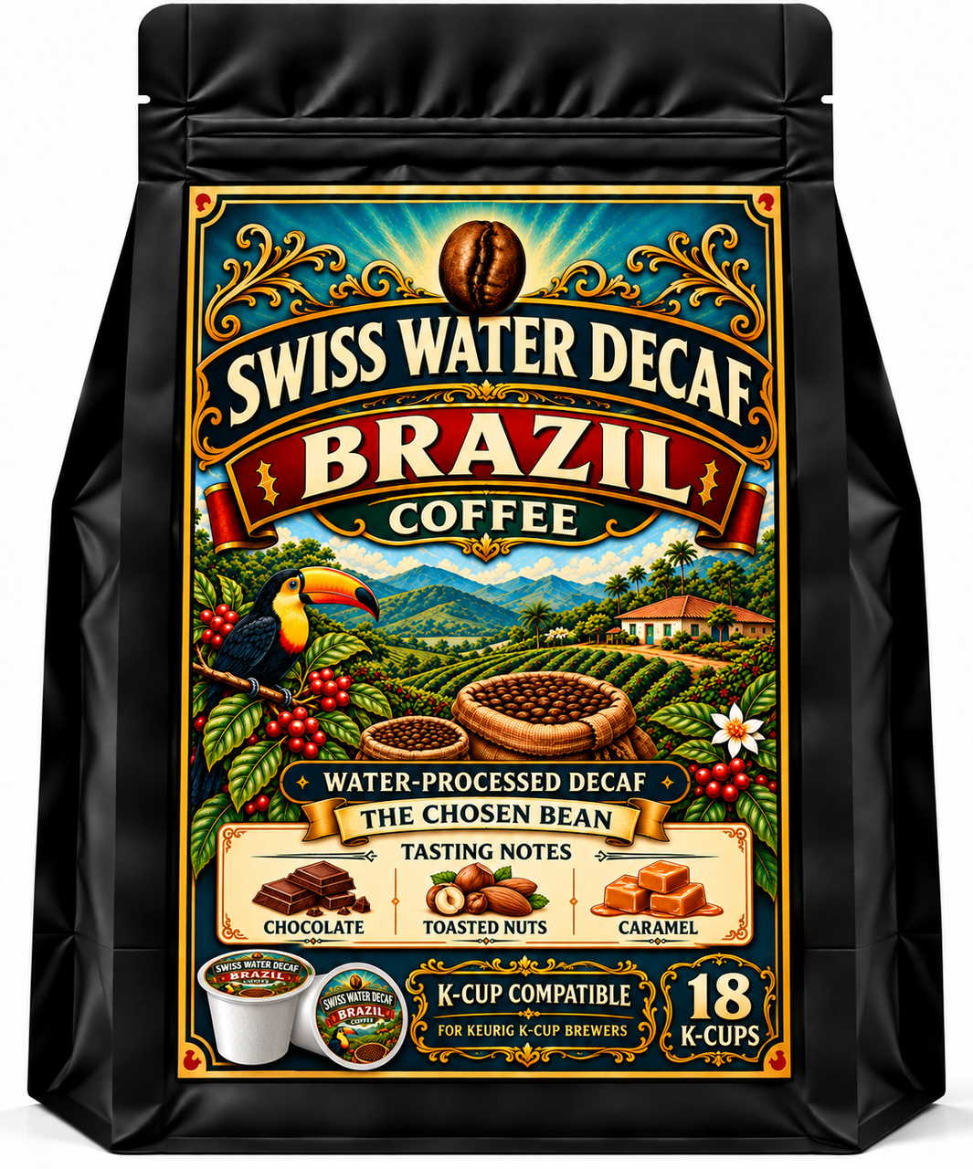 Swiss Water Decaf Brazil coffee bag containing 18 K-Cup compatible pods