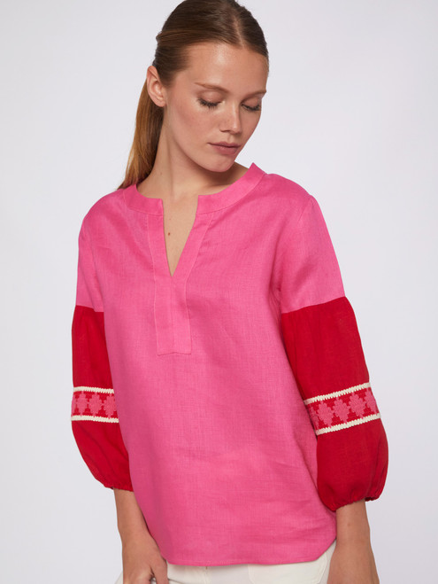 Kaya Linen Top - Pink/Red 