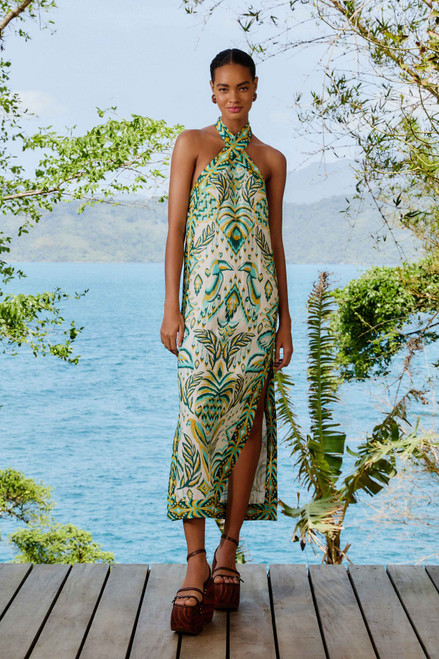 Tropical Tapestry Off White Halter Neck Maxi