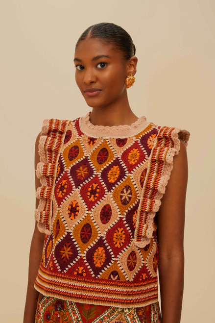 Ruffles Crochet Vest - Caramel