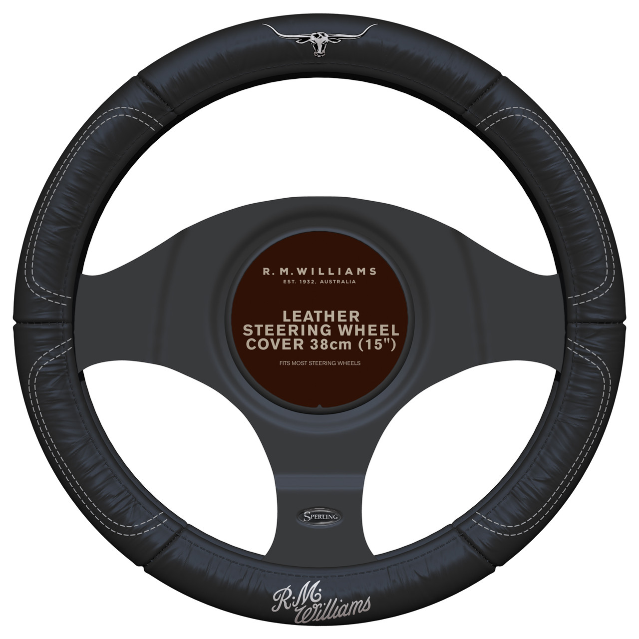 38cm RM Williams leather steering wheel cover black with long horn logo 15 inch Motors Auto