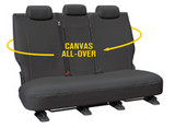 Super Tough charcoal all-over canvas rear seat covers for Isuzu D-MAX and Mazda BT-50 Dual Cab, custom-fit with heavy-duty waterproof protection.