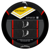 Redcliffe Dolphins Official NRL merchandise pack featuring: 1 steering wheel cover (fits most 15-inch steering wheels) and 2 seat belt comforts, all crafted from durable mesh fabric.