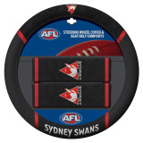 Sydney Swans Official AFL merchandise pack featuring: 1 steering wheel cover (fits most 15-inch steering wheels) and 2 seat belt comforts, all crafted from durable mesh fabric.