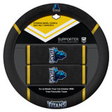 Gold Coast Titans Official NRL merchandise pack featuring: 1 steering wheel cover (fits most 15-inch steering wheels) and 2 seat belt comforts, all crafted from durable mesh fabric.