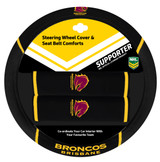 Brisbane Broncos Official NRL merchandise pack featuring: 1 steering wheel cover (fits most 15-inch steering wheels) and 2 seat belt comforts, all crafted from durable mesh fabric.