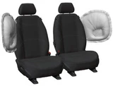 Airbag compatible black neoprene front bucket seat cover with silver stitching for Toyota LandCruiser 100 Series