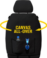Rear view of black Super Tough canvas bucket seat cover with integrated map pocket storage