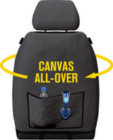 Charcoal Fleet Core all over canvas front bucket seat cover showing two-piece design for Mitsubishi Triton MV and Nissan Navara D27 MY26