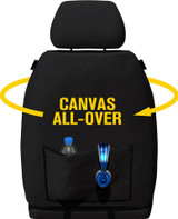 Rear view of black Super Tough canvas front seat cover with storage map pocket