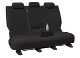 Getaway black neoprene rear seat covers with red stitching fitted to a rear bench seat with fold-down armrest for Isuzu D-MAX and Mazda BT-50 Dual Cab.