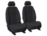 Ready made black neoprene front bucket seat covers with blue stitching for Ford Ranger PX, Ford Everest UA and Mazda BT-50 designed for durable custom fit protection