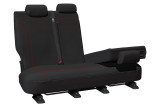 Black neoprene rear seat cover with red stitching showing split-fold rear backrest functionality for BYD Atto 3