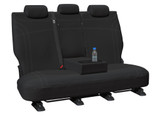 Black neoprene rear bench seat cover with silver stitching and armrest allowance for Ford Everest Next Gen designed for comfort and tailored factory-style fit