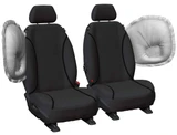 Black Tradies canvas seat covers for BYD Shark 6 showing airbag-compatible side seam design