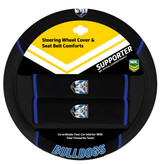 Canterbury Bulldogs Official NRL merchandise pack featuring: 1 steering wheel cover (fits most 15-inch steering wheels) and 2 seat belt comforts, all crafted from durable mesh fabric.