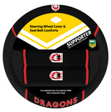 St George Illawarra Dragons Official NRL merchandise pack featuring: 1 steering wheel cover (fits most 15-inch steering wheels) and 2 seat belt comforts, all crafted from durable mesh fabric.
