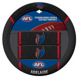 Adelaide Crows Official AFL merchandise pack featuring: 1 steering wheel cover (fits most 15-inch steering wheels) and 2 seat belt comforts, all crafted from durable mesh fabric.